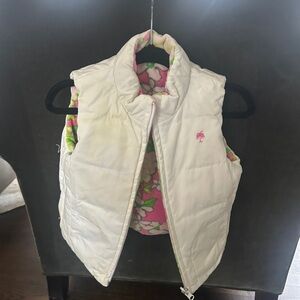 Lilly Pulitzer White Puffer Vest with Pink and Green Accents